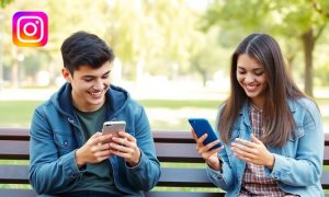 Imagen de dos adolescentes (un chico y una chica) que están sentados en un banco en un parque. Cada uno está sosteniendo y mirando su propio teléfono móvil, viendo la nueva sección de Reels de Instagram en la que pueden descubrir los reels a los que han dado like sus amigos. Ambos sonríen, el ambiente es luminoso y agradable.
