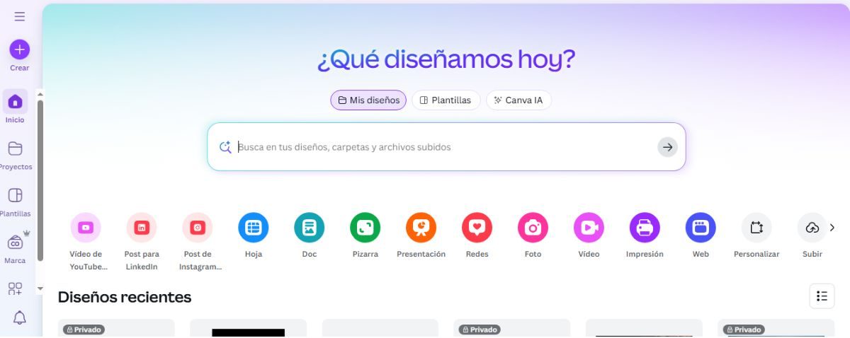 Imagen de la interfaz de la pantalla de inicio de Canva