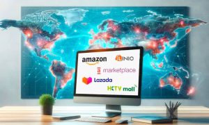 Monitor mostrando logotipos de marketplaces (Amazon, Linio, eBay, Lazada, HKTVmall) sobre un escritorio; mapa mundial iluminado al fondo.