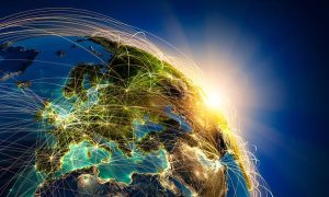 an image of the earth connected by technological lines