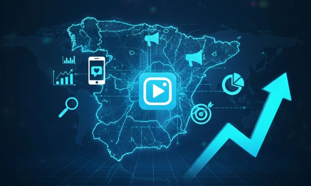 un mapa de españa perfilado en colores neón en el que aparecen iconos de redes sociales y una flecha de crecimiento