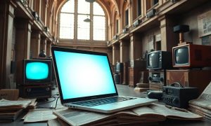 Un poderoso y reluciente laptop, con una sonrisa en la pantalla en un edificio viejo, en el que aparecen viejos televisores, periodicos en papel, revistas en papel, old newspapers y aparatos de radio