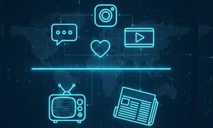 una imagen que mantenga nuestra estética conceptual tecnológica digital y la paleta de colores, pero con una línea central recta que simbolice la estabilidad o el punto de inflexión entre dos eras. Tendremos: Línea central recta: Dominante, de color neón, representando la estabilidad. Parte superior (futuro/digital): Iconos de chat (burbuja de mensaje). Icono de "like" social (corazón o pulgar hacia arriba). Icono estilizado de Instagram (sin el logo exacto, pero reconocible por su forma). Un banner publicitario digital. Todos estos elementos estarán flotando "por encima" de la línea central y estilizados con neón. Parte inferior (pasado/tradicional): Una vieja televisión con antena, también estilizada con neón, quizás con ruido estático. Un periódico o una revista abierta, con el mismo tratamiento neón. Estos elementos estarán "por debajo" de la línea central. Fondo: El azul oscuro profundo con la cuadrícula sutil y las líneas de conectividad. Paleta de colores: 80eaea para los elemento