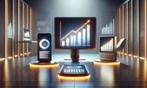 Un moderno centro de publicidad digital lleno de varias pantallas luminosas, incluidos televisores, teléfonos móviles y monitores de ordenador. Las pantallas emiten una luz brillante que ilumina el entorno oscuro y de alta tecnología. En las pantallas, un gran gráfico ascendente con una tendencia positiva representa el crecimiento de la publicidad digital