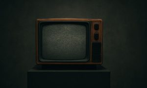 Imagen de un televisor antiguo cuya carcasa es de color marrón y su pantalla se ve con interferencias. La televisión está colocada sobre un atril en una sala oscura de atmósfera triste