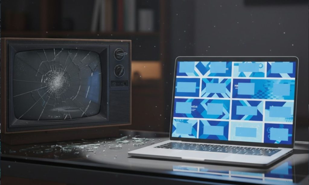 una imagen en formato 16:9 en la que aparece una televisión tradicional con la pantalla rota. Al lado, un portatil reluciente y sobre el que pende un halo de misticismo