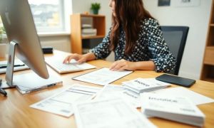 a woman working on a computer. Bills and invoices on the table. Office. Iva y factura digital