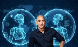 Robots humanoides o estilizados, creados con líneas de neón y brillos. Burbujas: Varias burbujas translúcidas y luminosas flotando alrededor de los robots, o incluso envolviéndolos, sugiriendo interfaces, comunicación o datos encapsulados. Contexto digital: Un fondo oscuro con una cuadrícula o red de datos sutil, y luces de neón conectando los elementos, manteniendo la estética de las imágenes anteriores. Paleta de colores: Tonos azules y cian neón predominantes. Jeff Bezos delante