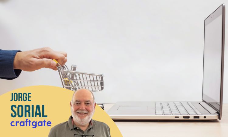 imagen de un carrito de la compra ante un portatil, con la foto y el nombre de jorge sorial, de craftgate