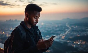 un hombre joven negro utilizando un telefono móvil. De fondo un paisaje alegórico de lo internacional, como una vista del mundo desde el aire de noche