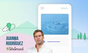 un diseño gráfico con un teléfono móvil mostrando una gota de agua en pantalla, acompañado del nombre Juanma Rodríguez y el logotipo de SiteGround, destacando su participación en el proyecto “Punto de Agua”.