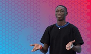 Image of Khaby Lame over a background with the TikTok logo