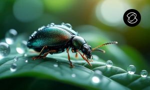 Fotograma de un vídeo generado con Kling 2.0 Master en el que se ve un escarabajo verde-azulado caminando sobre una hoja en la que hay gotas de rocío. Toda la escena está recreada con gran detalle. En la esquina superior derecha aparece el símbolo de Kuaishou, la empresa creadora de esta IA de vídeo.
