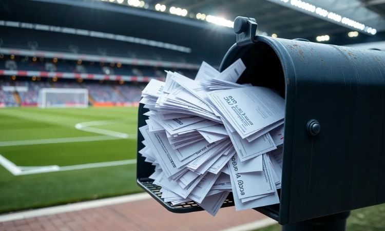 a mailbox full of letters, in front of a soccer stadium of laliga