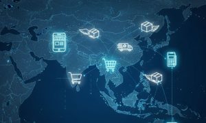 El mapa del Sudeste Asiático (filipinas, indonesia, vietnam, etc.), estilizado con líneas de neón y conectividad, resaltando la región dentro de un mapa mundial más tenue. Iconos de E-commerce: Carritos de compra, cajas de envío, paquetes, códigos de barras, terminales de pago, tiendas online, símbolos de entrega, etc., distribuidos sobre la geografía o fluyendo alrededor de ella. Líneas de flujo: Luces y líneas que conecten estos elementos, mostrando el movimiento de productos y datos dentro del próspero ecosistema de comercio electrónico de la región. Paleta de colores: Mantendremos los tonos azules y cian neón para una estética cohesiva y tecnológica.