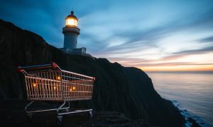 Spectacular image of a lighthouse on a hight steep cliff. The light of the lighthouse is a big beam of light on at dawn. The shopping carts are illuminated