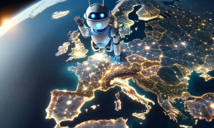 robot saludando sobre el mapa de europa
