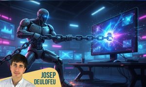 una imagen más ancha que alta, 16:9, en la que un robot tire de una pesada cadena de eslabones que sale desde el interior de la pantalla de un ordenador. La idea es simbolizar el concepto de linkbuilding