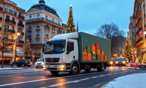 logistica navidad representada por un camión repartiendo paquetes por madrid
