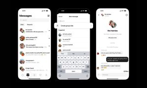 Sobre un fondo negro se muestran tres capturas de teléfono que muestran la mecánica de los nuevos chats grupales en Threads