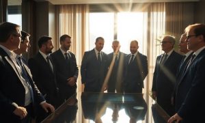 un grupo de hombres líderes de traje se reunen