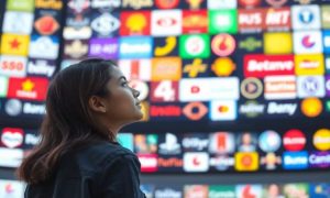 mujer joven viendo un panel lleno de marcas