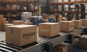 una cinta transportadora en la que se ven cajas de los marketplaces en españa