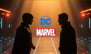 una imagen similar a la de un cartel de cine en la que la sombra de dos heroes enfrentados se ve sobre un suelo de aspecto cibernético, futurista, hecho de bytes. Iluminación dorada de focos de luz cinematograficos