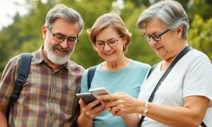 un grupo de personas en el exterior usando un smartphone, mismo número de hombres y mujeres, la edad media es 60 años