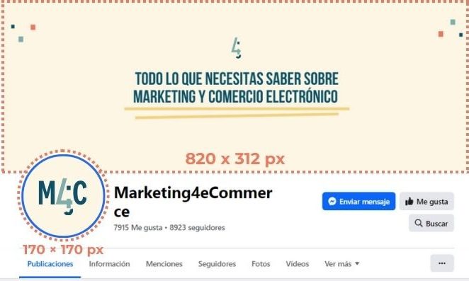 Captura de pantalla del perfil de M4C en Facebook. Alrededor de la imagen de portada (820x312 px) y de la imagen de perfil (170x170 px) aparecen unos marcos que señalan el tamaño de estas imágenes en la red social.
