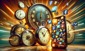 una imagen en la que haya unos relojes gigantes, de todo tipo (cronómetro, reloj digital, reloj de pared...) y en primer plano aparezca un móvil del que salen iconos de redes sociales