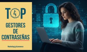 en primer plano aparezca una mujer joven usando su portatil. El fondo refleja seguridad, con elementos semitransparentes como un candado, en tonos turquesa