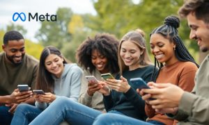 Un grupo de jóvenes de unos 30 años de diferentes etnias están sentados en grupo en un parque usando sus teléfonos móviles. Es de día y los jóvenes están sonriendo