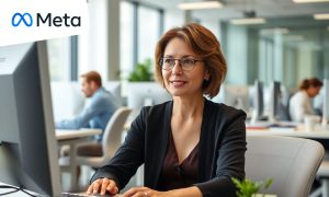 Imagen de una mujer de unos 40 años que está sentada en su mesa de oficina utilizando su ordenador. La oficina es luminosa y al fondo se ve a más trabajadores en otras mesas