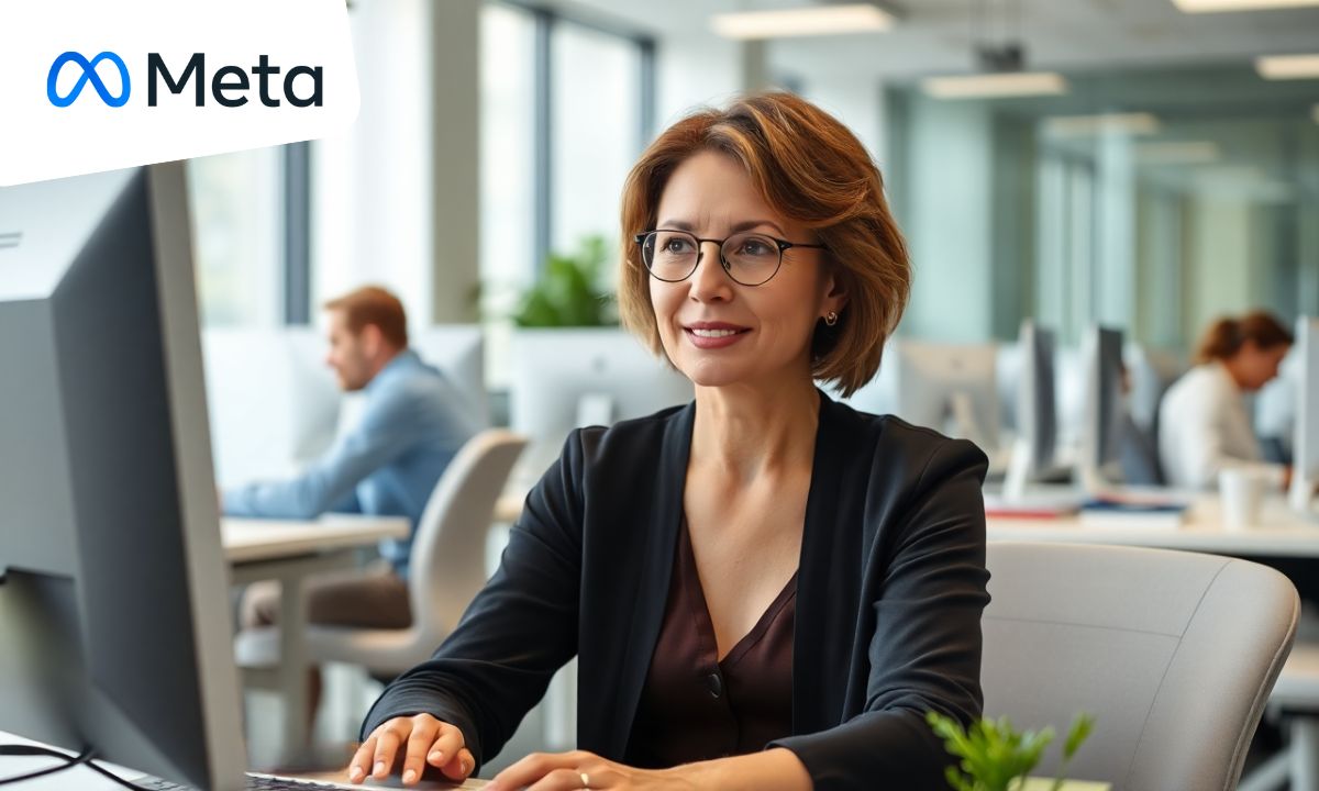 Imagen de una mujer de unos 40 años que está sentada en su mesa de oficina utilizando su ordenador. La oficina es luminosa y al fondo se ve a más trabajadores en otras mesas