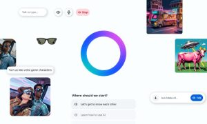 Sobre un fondo azul celeste muy claro aparece flotando en el centro de la imagen el símbolo de Meta AI. Alrededor de este símbolo flotan imágenes y chats que representan interacciones con la nueva Meta AI app