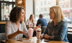 Imagen en la que dos mujeres de unos 30 años están conversando en una cafetería hablando. Sobre la mesa de la cafetería hay dos batidos y los dos móviles de las mujeres.