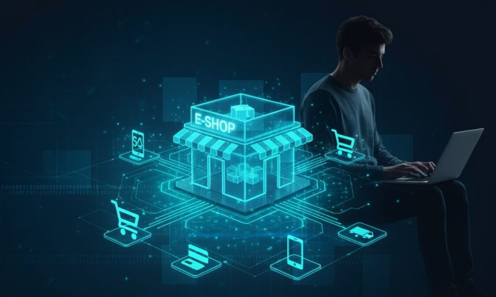 hombre joven utiliza portatil al lado de una representación en colores neon de una tienda online