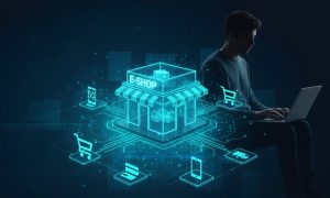 hombre joven utiliza portatil al lado de una representación en colores neon de una tienda online