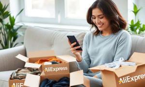 Una mujer con cabello castaño oscuro, de largo hasta los hombros y con ondas suaves. Está sentada cómodamente en un sofá gris claro en un ambiente moderno y luminoso. La mujer sonríe mientras sostiene su teléfono móvil. A su alrededor hay varias cajas abiertas con productos, como ropa y accesorios, que sugieren que acaba de recibir un pedido. El espacio es cálido y acogedor, con plantas de fondo que añaden frescura al entorno. La escena transmite una sensación de comodidad y satisfacción por la experiencia de compra online.