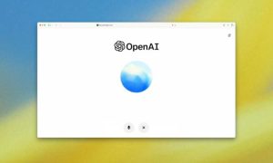 Sobre un fondo degradado azul y amarillo se ve una captura de pantalla de la versión web de ChatGPT en la que se está usando el modo de voz avanzado de esta IA para poder mantener conversaciones habladas con ella