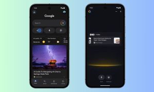 Sobre un fondo degradado azul aparecen dos teléfonos móviles. En sus pantallas se observa el funcionamiento del nuevo modo de voz de Search Live en AI Mode de Google