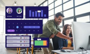 Dos personas trabajando juntas en una computadora, con gráficos y calendarios en la pantalla. Se destacan elementos visuales como barras de progreso, tiempos de trabajo y fechas, que parecen estar relacionados con la gestión de tareas y proyectos. La escena sugiere un ambiente de trabajo colaborativo, donde las herramientas digitales como calendarios y gráficos de rendimiento ayudan a organizar las tareas de manera eficiente.