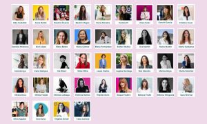 Imagen de fondo rosa palo que muestra las fotografías, con su nombre correspondiente, de varias mujeres emprendedoras de España