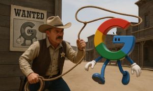 Imagen de un sheriff apresando con una lazada a un muñeco que es la G de Google con extremidades y ojos. Detrás del sheriff hay una casa de madera en cuya pared aparece un cartel de "Se busca" con la foto del muñeco.