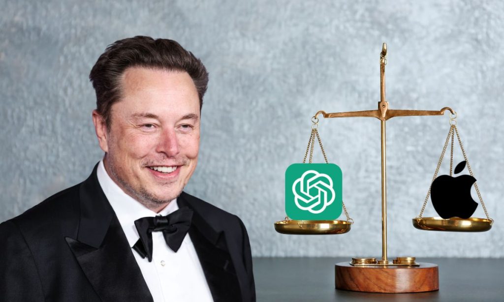 Fotografía de una balanza. A su izquierda aparece Elon Musk, y sobre los platos de la balanza están los logos de OpenAI y Apple