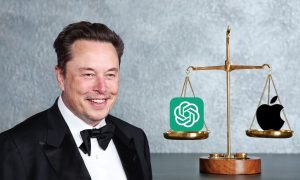 Fotografía de una balanza. A su izquierda aparece Elon Musk, y sobre los platos de la balanza están los logos de OpenAI y Apple