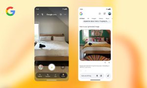 Sobre un fondo naranja en el que se aprecia el icono de un plátano difuminado, aparecen dos capturas de teléfono móvil que muestran el funcionamiento de Nano Banana en Google Lens