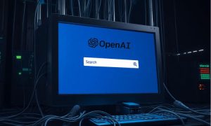 Imagen de un ordenador gigante en cuya pantalla se ve una barra de búsqueda y, sobre esta, el logo de OpenAI. Del ordenador salen múltiples cables y el entorno es tecnológico