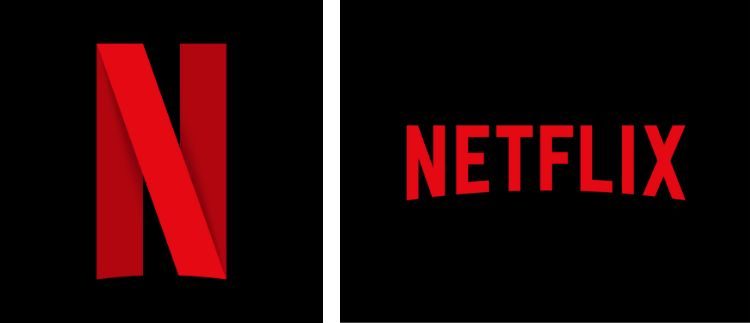 A la izquierda: imagen del símbolo de la N de Netflix en rojo sobre fondo negro. A la derecha: imagen de la ICG completa de la marca